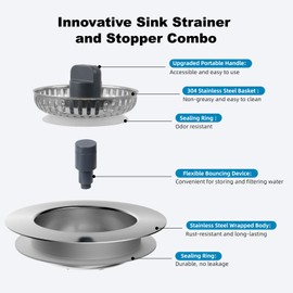 iFealClear 2 Pack Kitchen Sink Strainer with Drain Stopper Assembly, Stainless Steel Pop Up Kitchen Sink Stopper, Dishwasher Safe, Fits US Standard 3-1/2'' Drain, All Metal-Chrome Finished