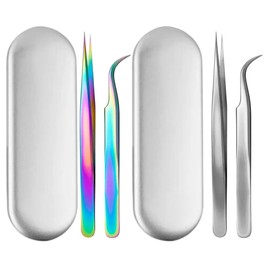 MAAFAB 4pz Set Estuche con 2 Pinzas Extensión Pestañas, Punta Recta y Curvada Acero Inoxidable, pinzas de volumen para extensiones de pestañas, herramientas de aplicación de pestañas postizas