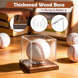 Paudao Baseball Display Case Full Size with UV Protection - 3.9 X 3.9 X 3.9in Clear Acrylic Box Baseball Holder with Wooden Base, Autograph Stand Box for Single Ball, Brown