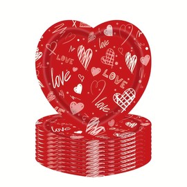 Happy Valentines Day Paper Plates Red Heart Love Shape Disposable Plates for Party Wedding Anniversary Birthday Tableware Decoration Supplies