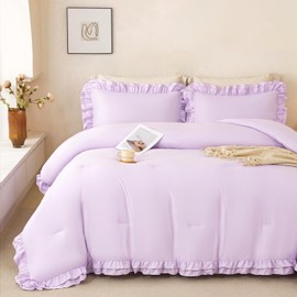 PERFEMET Lavender Ruffled Full Comforter Set Purple Ruffle Comforter Shabby Chic Bedding Solid Color Soft All-Season 5 PCS Bed in A Bag with Sheets for Women (Purple, Full)
