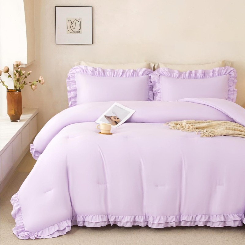 PERFEMET Lavender Ruffled Full Comforter Set Purple Ruffle Comforter Shabby