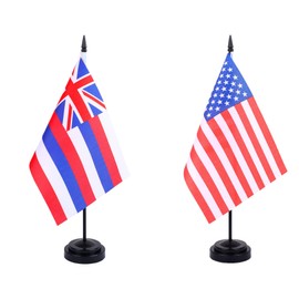 JBSJBS USA Hawaii Desk Flag 12" Solid Pole Deluxe Set US Hawaiian Flags Banner Mini Small American State Office Table Flags with Black Stand Base Desktop Decorations(2Pack)