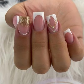 White French Tip Press on Nails Gold Glitter Fake Nails with Pearl Design Nude Glue on Nails Glossy Acrylic Full Cover Stick on Nails Short Square False Nails for Women Girls Manicure 24pcs