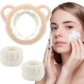 COYUN 3-teiliges Gesichtswasch-Spa-Stirnband Armband-Set Niedliche Bärenohren Make-up Hautpflege Haarband Handtücher Armbänder Gesichts-Kopfwickel Handgelenk-Haargummis für Frauen Mädchen