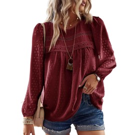 Falechay Babydoll Burgundy Tops for Women Swiss Dots Cute Pom Pom Chiffon Floral Teacher Blouse Lace Boho Round Neck Long Sleeve M