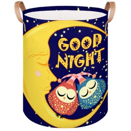 Laundry Basket Owl Moon Good Night Large Round Storage Basket Bin with Handle Clothes Basket Laundry Hamper Organizer for Nursery Home Office