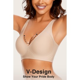 Deep V Bras for Women No Underwire Adjustable Straps Comfort Wireless Bralettes Seamless Plunge Everyday Push Up Bra, Nude, Large