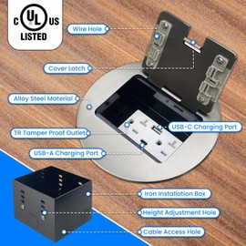 JACEPFY Floor Outlet Recessed Floor Outlet Box Fast Charging 4.8A USB A+Type C Port 20 Amp Receptacle Kit (USB, Silver)