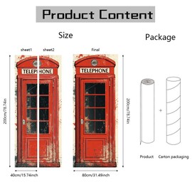 arricraft 2 Pcs Self-Adhesive Door Sticker, 31.5"x78.7" Red Vintage Phone Booths Door Murals Stickers PVC Door Removable Wallpaper Decoration for Bedrooms ​Living Room