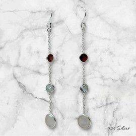 India with Love 925 Silver Triple Gemstone Drop Earrings, Garnet Moonstone Chain