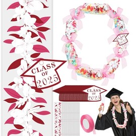 Junkin 24 Set Candy Lei Tubing Graduation Money Lei Making Kit Class of 2025 Hawaiian Congrats Grad Long Ribbons Dessert Filler for Party Graduate Gifts(Red)