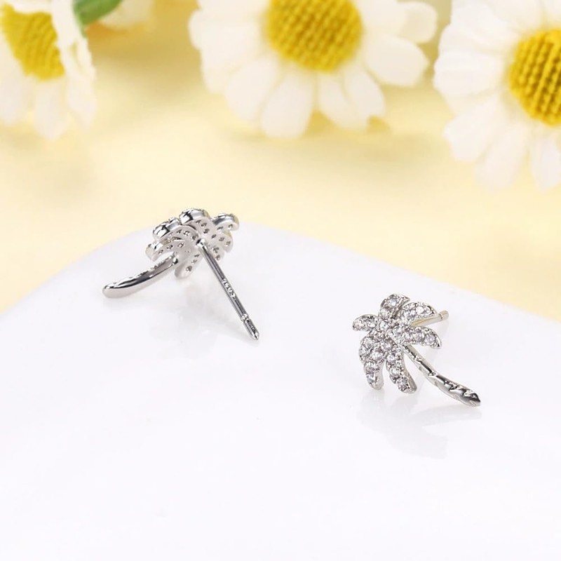 Crystal Palm Tree Stud Earrings for Women Silver Plated Delicate