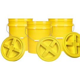 House Naturals 5 Gallon Plastic Yellow Food Grade BPA Free Made in USA Bucket Pail with Air Tight Double Gasket Screw on Lid(Pack of 3) (Yellow and Yellow lids)