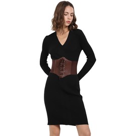 Hoerev Women's Girls Elastic Wide Band Elastic Tied Waspie Corset Waist Belt Bustiers Corsets, Brown with button