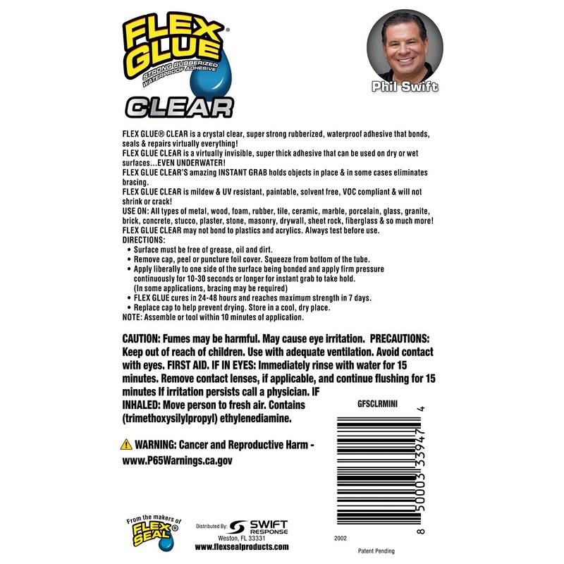 Flex Glue, Mini, Clear, Super Strong, Transparent, Rubberized Waterproof Adhesive,