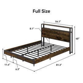 Full Size Bed Frame with Storage Headboard, Floating Metal Platform Bed Frame with LED Lights and Charging Station, Easy Assembly, No Box Spring Needed, Noise Free, Rustic Brown