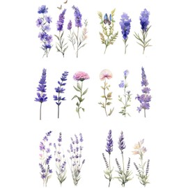 Dopetattoo 6 Pcs Lavender Flowers Temporary Tattoos for Adults Men & Women Provence Wildflower Flower Aquarelle Purple Floral Lavandula Green Leaves Lilac Flyin Fake Tattoo Kit Neck Arm Hands Leg
