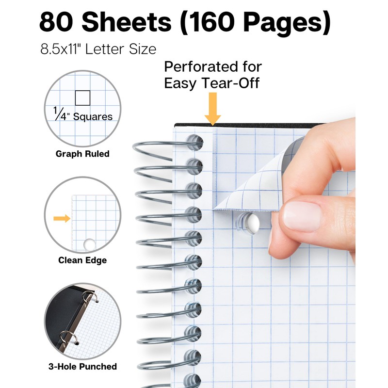 Dunwell Graph Paper Notebook 8.5 x 11, Plastic Cover, 80