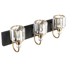 Ralbay Modern Bathroom Vanity Light Fixture, 3-Lights, Black Metal & Crystal, HJ-8600-3T