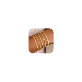 Dochais 5Pcs Gold Bracelet for Women, 18K Gold Plated Stacking Bracelets Rope Cuban Figaro Herringbone Bead Chain Bracelets Adjustable CZ Link Gold Bracelet Set for Women Girls