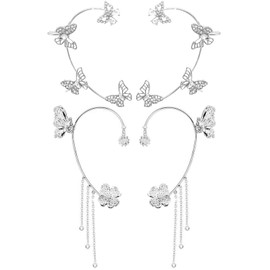 RIJXU 2 Pairs Dainty Silver Butterfly Ear Cuffs & Wraps for Women Non Piercing Bling Butterfly Tassel Style Zircon Earrings Ear Clips Bridal Wedding Jewelry, Large, Metal Rhinestone, Rhinestone