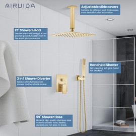 Airuida 12 Inch Square Brushed Gold Shower Faucets Sets, Ceiling Mount Shower Head SUS304 2-Functions Rainfall Shower System Handheld Sprayer Shower Set Contain Pressure Balance Rough-In Valve