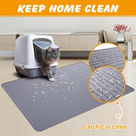 Silicone Cat Litter Mat, 34"x22" Waterproof Litter Box Mat Cats Feeding Mats with Raised Edges, Quick Clean Desig (Grey)