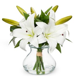 Artificial Flowers Tiger Lily Real Touch with Vase White Lilies Silk Faux Flowers Arrangements in Glass Vase with Faux Water Fake Floral Bulk Bouquet for Home Decor Office Table Centerpiece Decoration