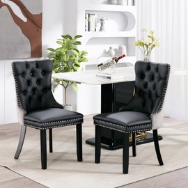 SoarFlash Leather Dining Chairs Set of 2, Tall Back Side Chair, Modern Upholstered Side Chair with Button Back Ring, Solid Wood Legs (Black&Grey)