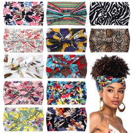 HOFURME 12 Pcs African Headbands Boho Knotted Hairbands Stretch, Wide Yoga Elastic Hair Wraps Wide Head Wraps Elastic Yoga Turban HairScarfs Workout Printed Hair Accessories for Women