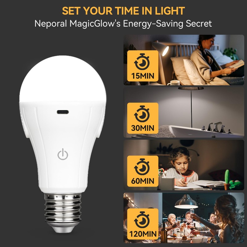 Neporal MagicGlow USB Rechargeable Light Bulbs, 3-Color Shift + 10%-100%