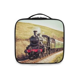 Vintage Steam Train Locomotive with Smoke Driving Countryside Large Women Makeup Bag, Train Toiletry Storage Case, Portable Coin Purse Holder Zipper Pouch Travel Cosmetic Organizer for Women and Girls
