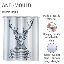 Wenko Anti-Mould Shower Curtain, Textile Curtain with Anti-Mould Effect, Large Integrated Rings for Attaching to the Shower Rod, Washable, Water-Resistant, White, 180 x 200 x cm