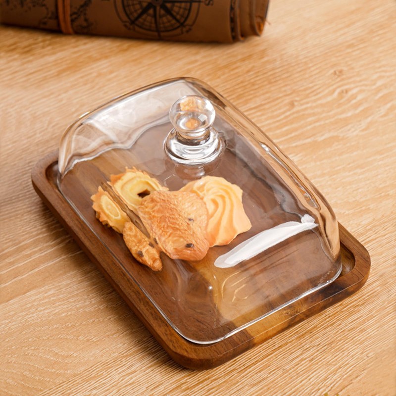 VivaBelle Glass Butter Dish with Wood Lid, Clear Domed Cheese