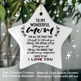 Mom Christmas Ornament Gift, to My Wonderful Mom, Mother's Day Birthday Keepsake Ornament Gift for Mother from Daughter Son Kids, Christmas Tree Star Shape Ceramic Ornament Decor