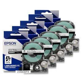 Epson LABELWORKS 206BWPX-5PK Genuine PET (Polyester) Tape Cartridge - 5 Unit Pack of Black on White Standard Industrial Label Maker Tape - 1/4" (6MM) Wide, 30 ft - 5 Pack