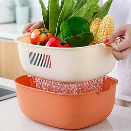 Youka Kitchen Strainer Drain Basket, 2 in 1 Strainer Bowl Set, PP Plastic, BPA Free, Double Layer, Removable, for Washing Vegetables and Fruits (Rectangular, Orange), XCLZ-rectangular-ORANGE
