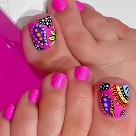 Flower Press on Toe Nails Rose Pink Fake Toe nails with Sunflower Designs False Toenails Square Glue on Toenails Rose Pink Stick on Toe Nails Glossy Acrylic Toenails Full Cover Artificial Toenails