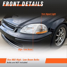 AXLAHA Headlight Assembly for 1996 1997 1998 EK Honda Civic compatible with 96 97 98 Civic EK Headlamp with Chrome Housing Amber Reflector Left and Right Pair