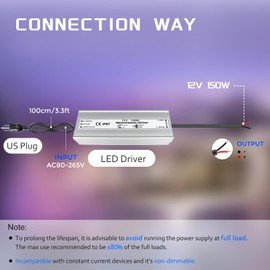 LED Driver Waterproof IP67 150W 12V LED Power Supply Transformer Adapter 110V AC to 12V DC Low Voltage Output with 3-Prong Plug 3.3 Feet Cable for LED Strip Lighting, Outdoor Use