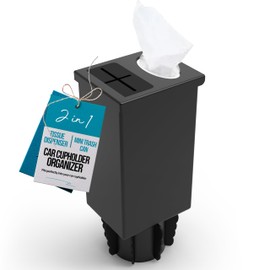 Superior Essentials Car Tissue Holder with Car Garbage Can - Elegant 2 in 1 Car Tissue Box Holder and Mini Trash Can for Car Cup Holder (Black)