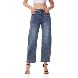 Y imoso Barrel Jeans for Women Trendy High Waisted Wide Leg Stretchy Denim Trouser Pants Blue Large