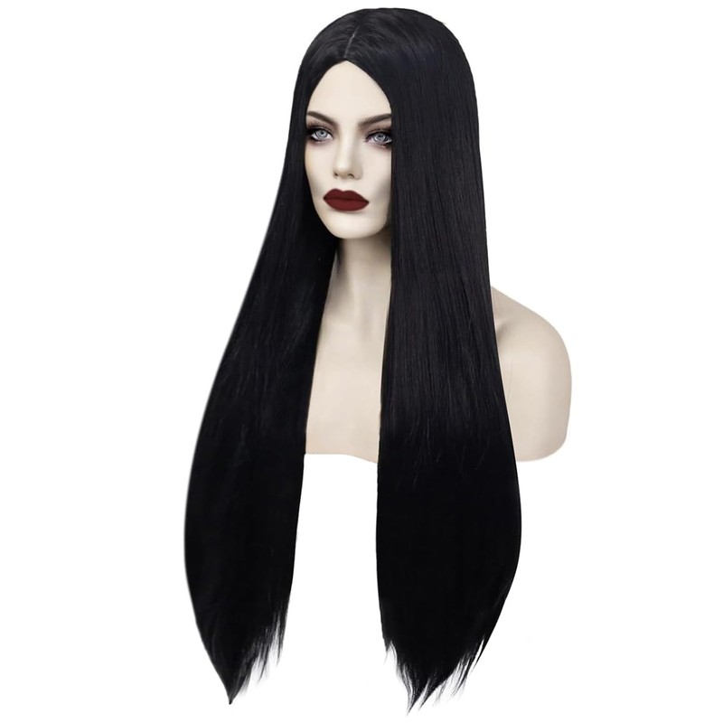 ANOGOL Long Black Wig Middle Part Witch Vampire Cosplay Goth