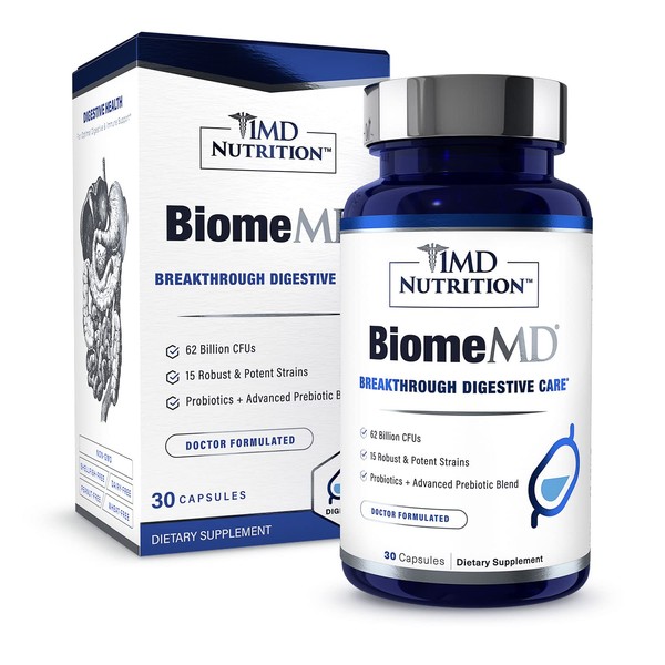 1MD Nutrition BiomeMD Probiotics | 62 Billion CFUs, 15 Comprehensive Strains - Pro & Prebiotics | Doctor-Formulated for Digestive Health & Immune Support | 30 Capsules