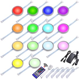 Lvyinyin RGBWW Under Cabinet LED Lighting Kit, Linkable Puck Light, RGB & Warm White, Wireless Remote Control Dimmer, 120V to 12V Direct Hard Wire Wall Plug, 14 Lights