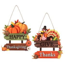Qyeaber 2 Pcs Thanksgiving Door Decor, Wooden Front Door Welcome Hanging Sign, with Pumpkin Turkey Give Thanks and Happy Thanksgiving for Thanksgiving Home Fall Autumn Holiday Party Wall Decoration