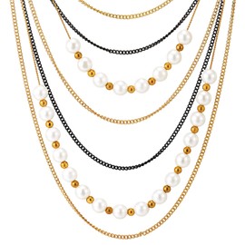Black Gold Statement Necklace Waterfall Multi-Strand Chains with Pearls Bead Charms Pendant Elegant(CA)