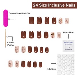 Press on Nails Short Square SWEKKE Fake Nails False Nails with Designs Rose Leaves Pattern Full Cover Glossy Glue on Nails Romantic Acrylic Nails for Women Girls 24 Pcs