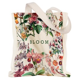 Miss Adola Aesthetic Heavy Canvas Tote Bag with Pocket for Women, Cottagecore Blooms Floral Design Casual Sturdy Flower Cloth Cotton Gusseted Totes Bag with Pattern for Vacation, Shopping, Gym,